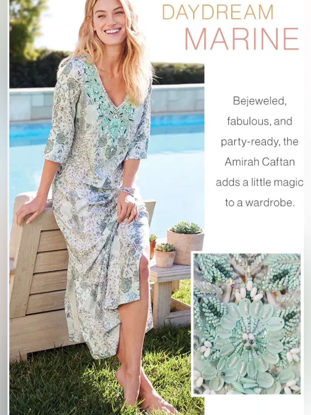 Soft Surroundings Amirah Beaded Caftan Maxi Dress Floral "Daydream Marine" Blue